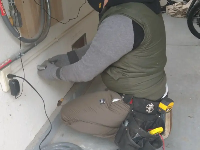 Electrician performing outlet wiring in a Union garage